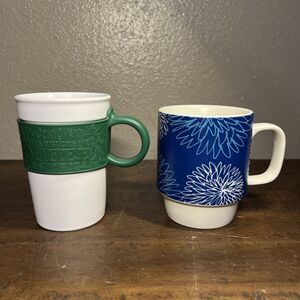 Starbucks Lot 2 Mugs 2008 2016 Blue Pom Floral White Green Ceramic Coffee Tea